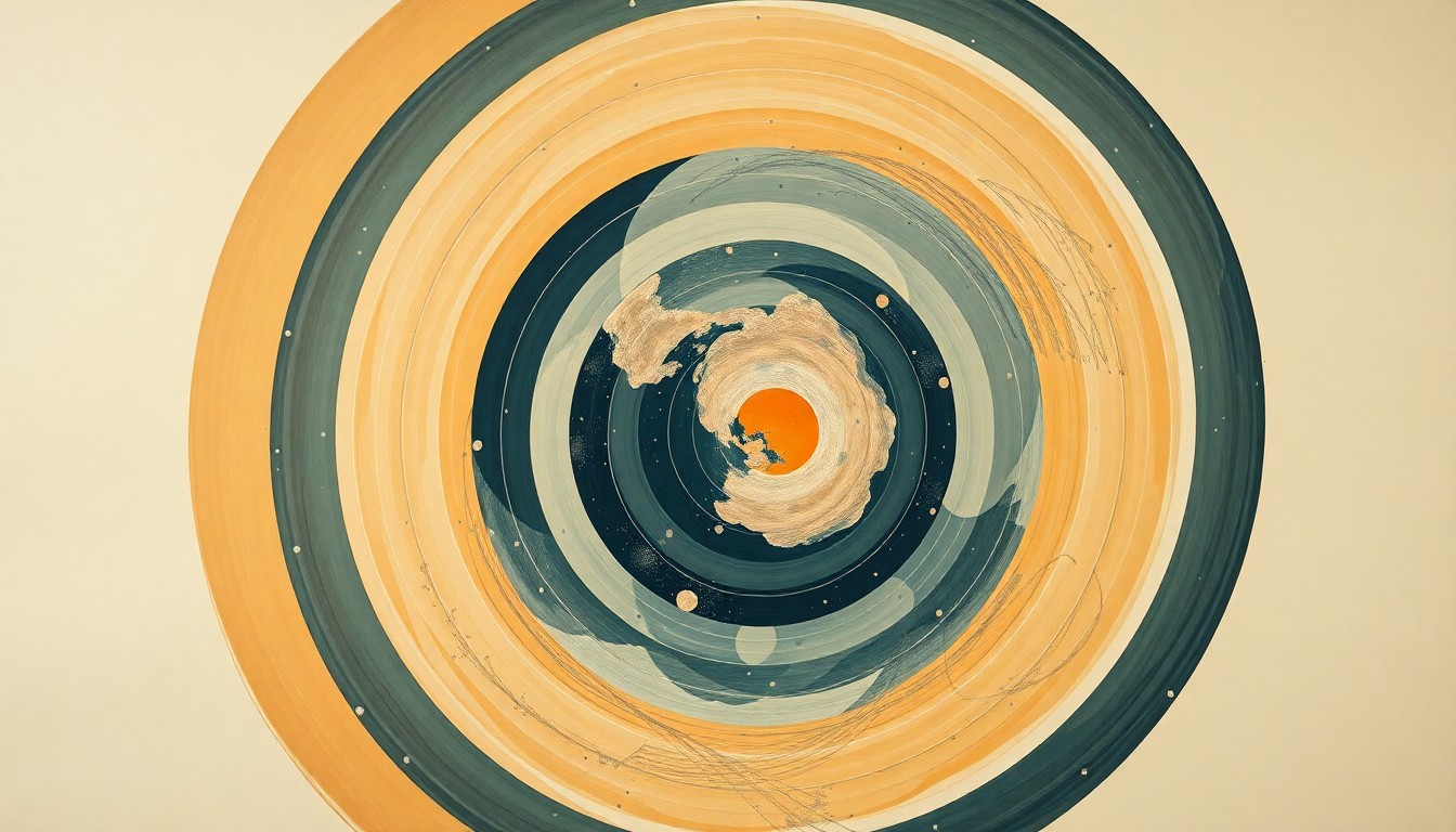 A bold, abstract painting in earthy tones of ochre, sage, and indigo, featuring sweeping geometric arcs, concentric planetary circles, and precise botanical spirals, conceptually representing the complex forces and concepts of the Artemis II mission to the moon.