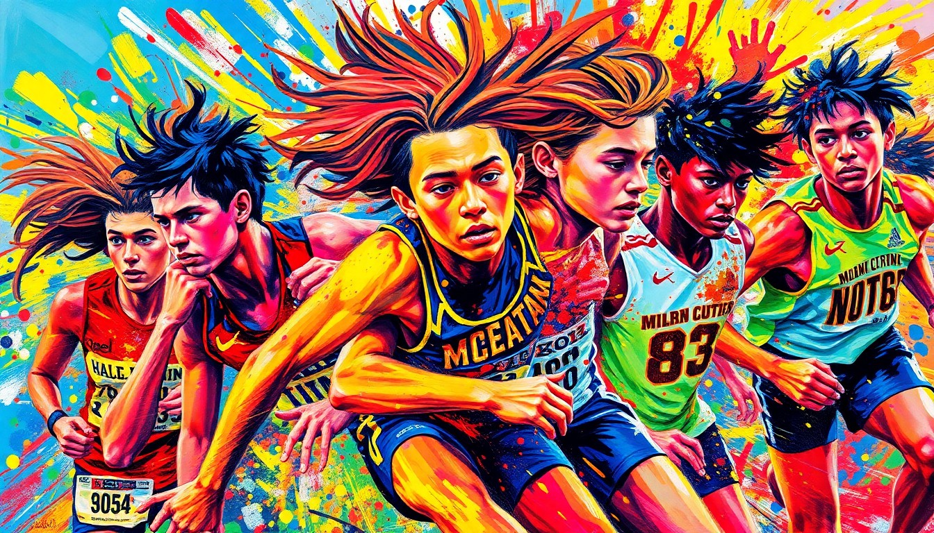 An abstract, energetic painting in neon colors depicting the motion and intensity of a high school track and field event, with blurred figures and shapes representing the athletes in competition.