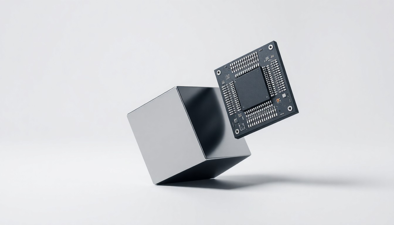 A photorealistic studio still life featuring a polished metal cube and a sleek semiconductor chip component, conceptually representing the advanced semiconductor IP integration and emerging chiplet-based architectures at the heart of QuickLogic's partnership with Quantum Leap Solutions.
