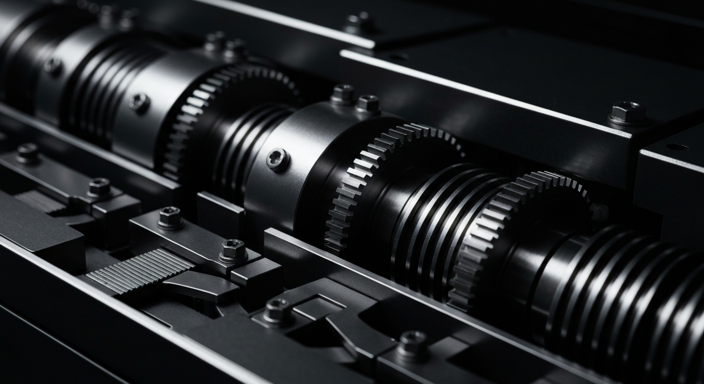 An extreme close-up photograph of the heavy, metallic gears and components of a financial data processing machine, with dramatic shadows and highlights emphasizing the complex infrastructure behind global financial benchmarks.