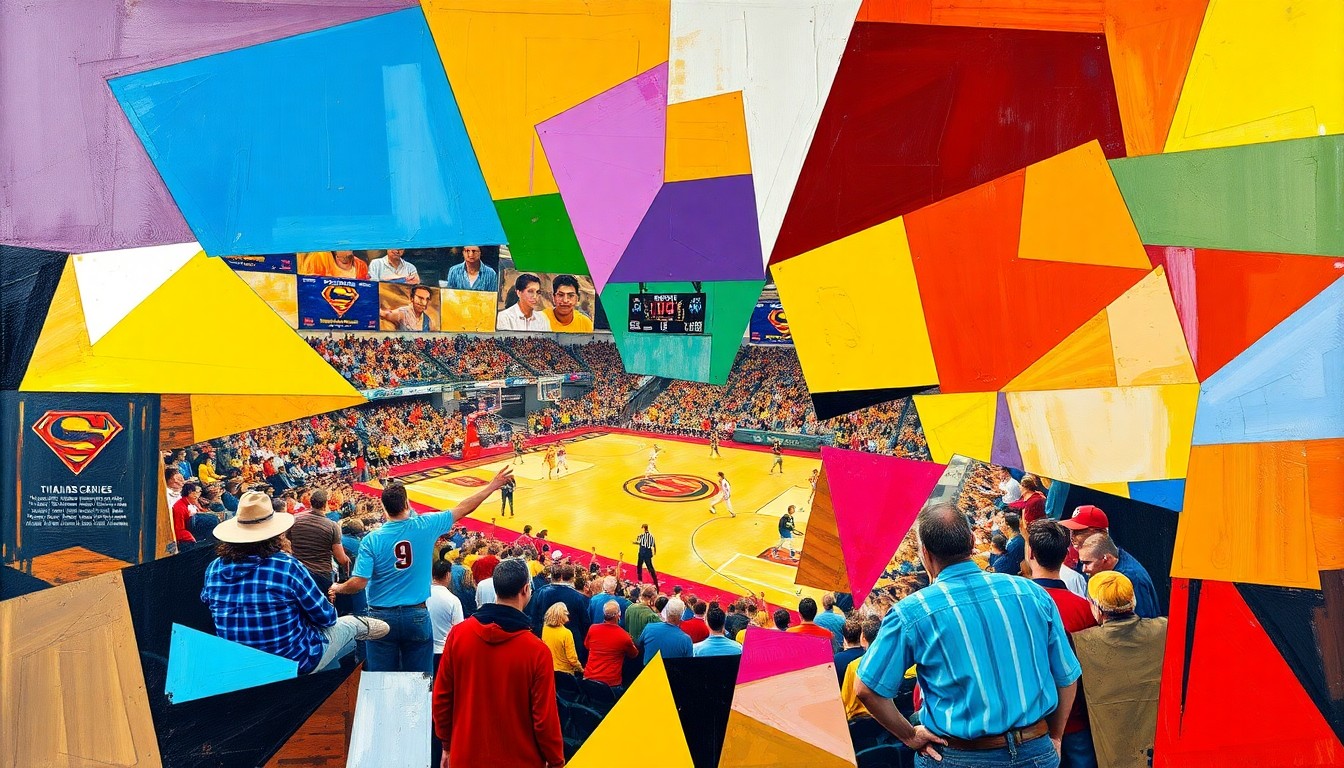 A dynamic, cubist-style painting depicting a college sports event, with the action broken down into fragmented geometric shapes and planes of color, conveying the energy and excitement of the game.