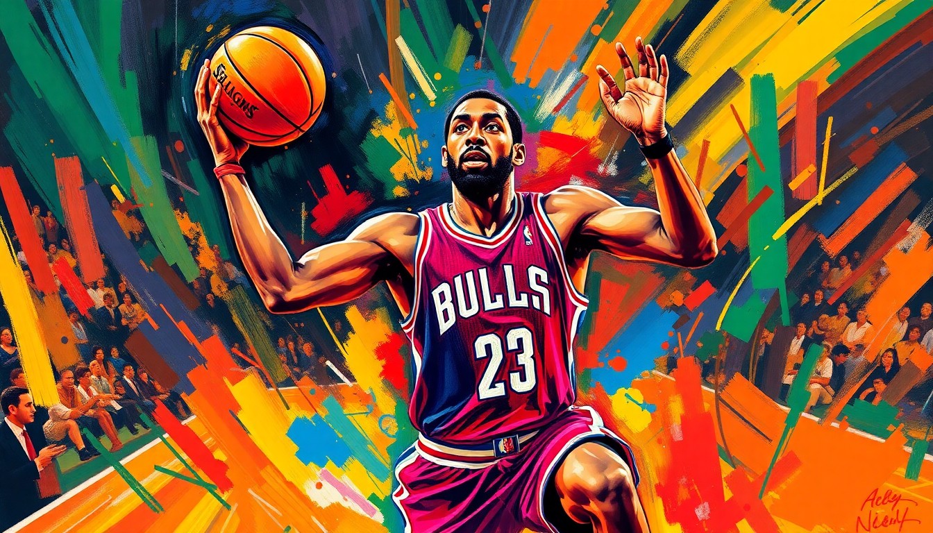 A dynamic, expressionist painting in bright neon colors depicts the intense, competitive energy of a professional basketball player in mid-motion, conceptually representing Chris Paul's social media troll job against his former team.