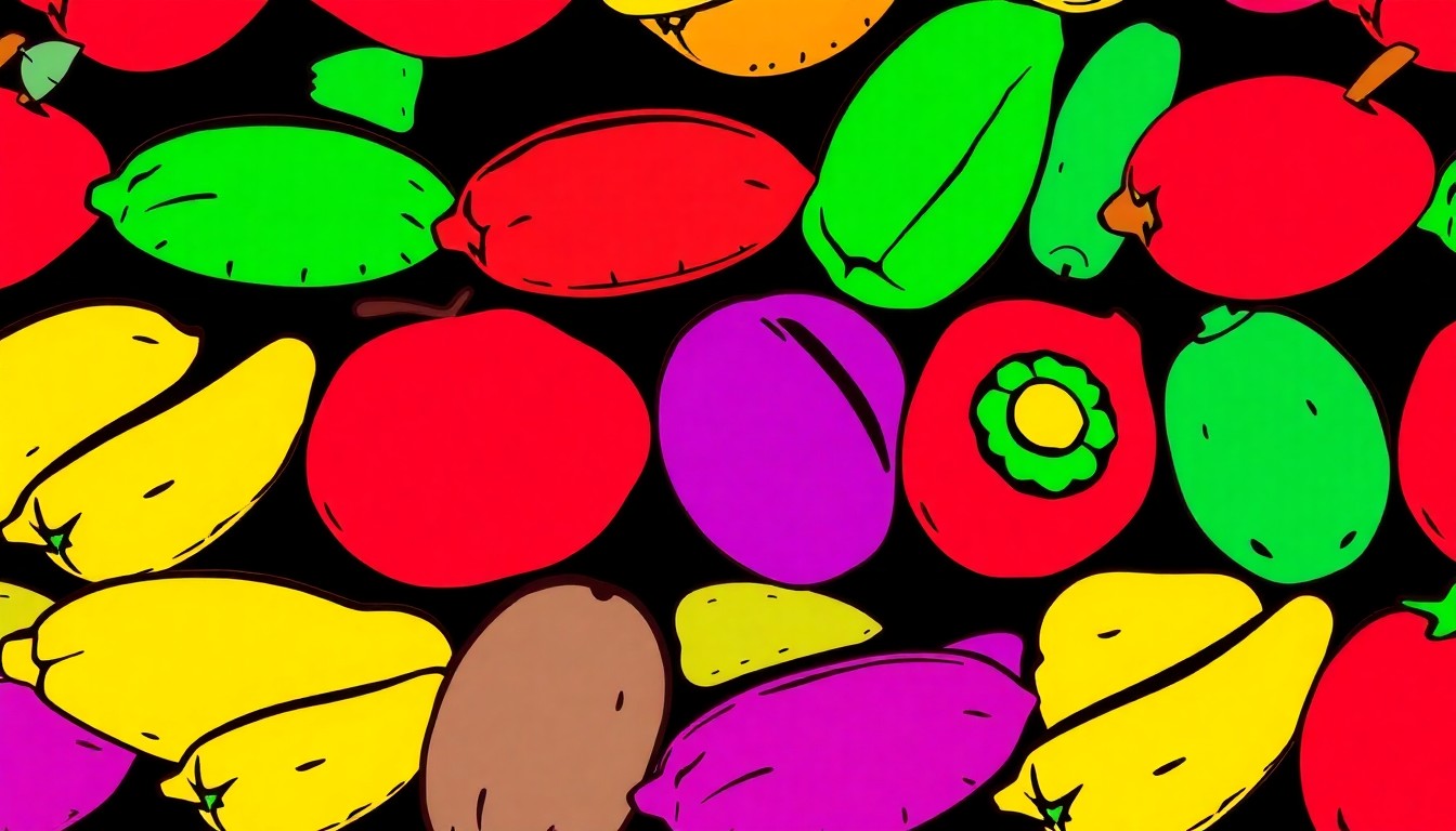 A bold, colorful silkscreen print featuring a repeating pattern of a single iconic Latin American food item, conceptually representing the diverse and affordable cuisine found in the cafeterias of Hispanic grocery stores.