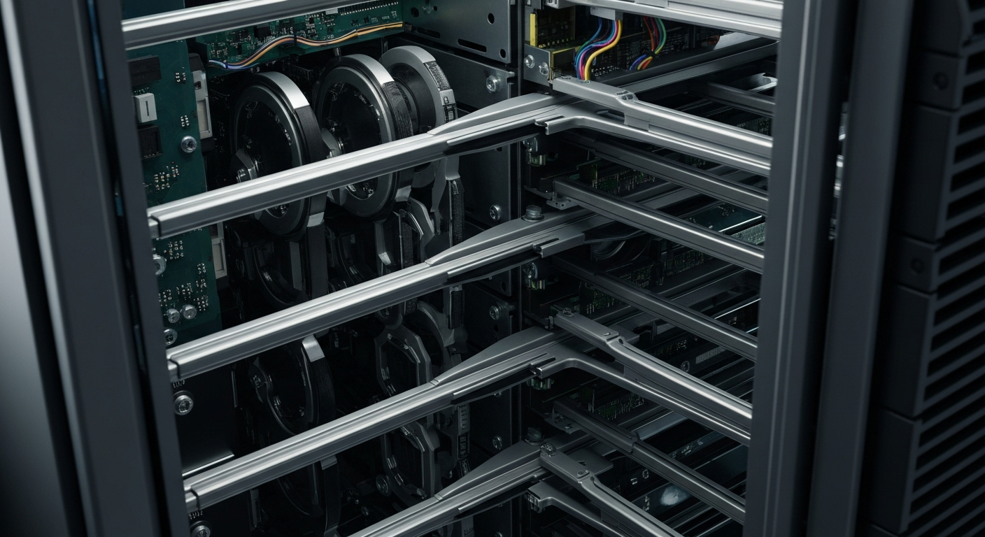 A highly detailed, black-and-white close-up image of the inner components of a data storage server, showcasing the complex mechanical and electronic systems that power modern data storage technology.