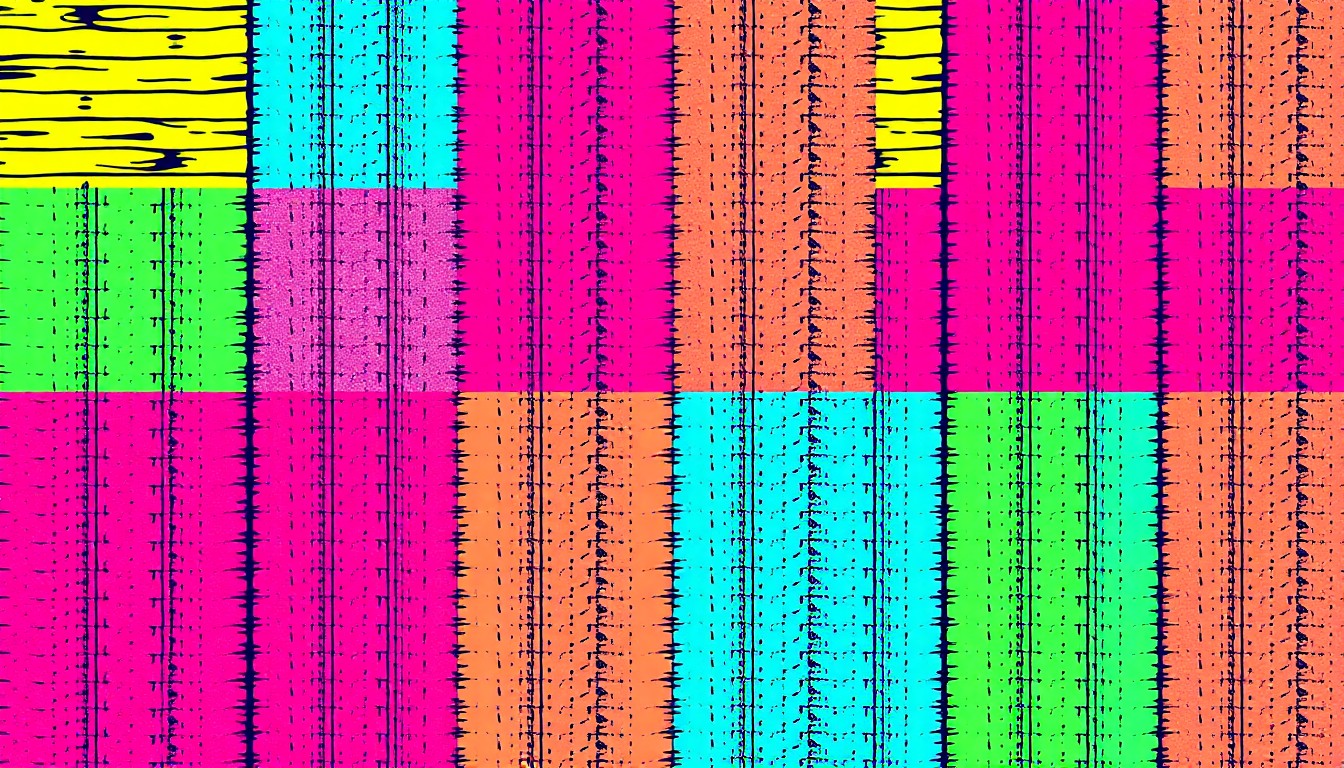 A vibrant, high-contrast silkscreen print featuring a repeated pattern of a striped or floral rug design in neon colors, capturing the essence of Ruggable's new summer-inspired collections.