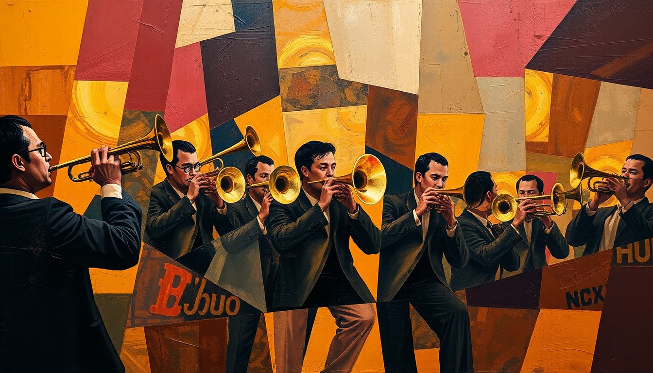 A cubist, geometric painting depicting a fragmented brass band performance, with overlapping planes of rich brass, burgundy, and ochre colors creating a dynamic, abstract visual representation of the musical event.