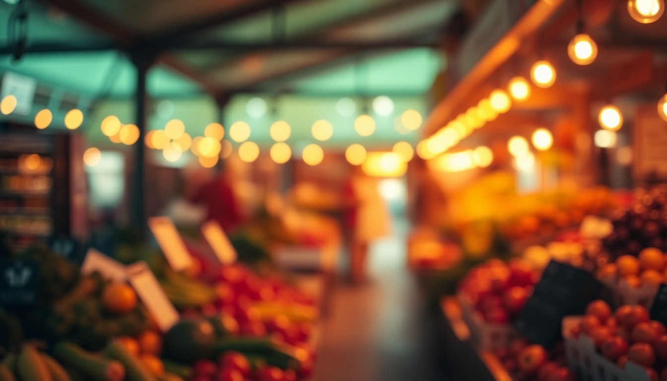 An extremely abstracted, out-of-focus photograph of a farmers market produce stand, with soft, warm pools of light and color creating a dreamy, atmospheric composition that conceptually represents the repurposing of unsold produce to support local food security.
