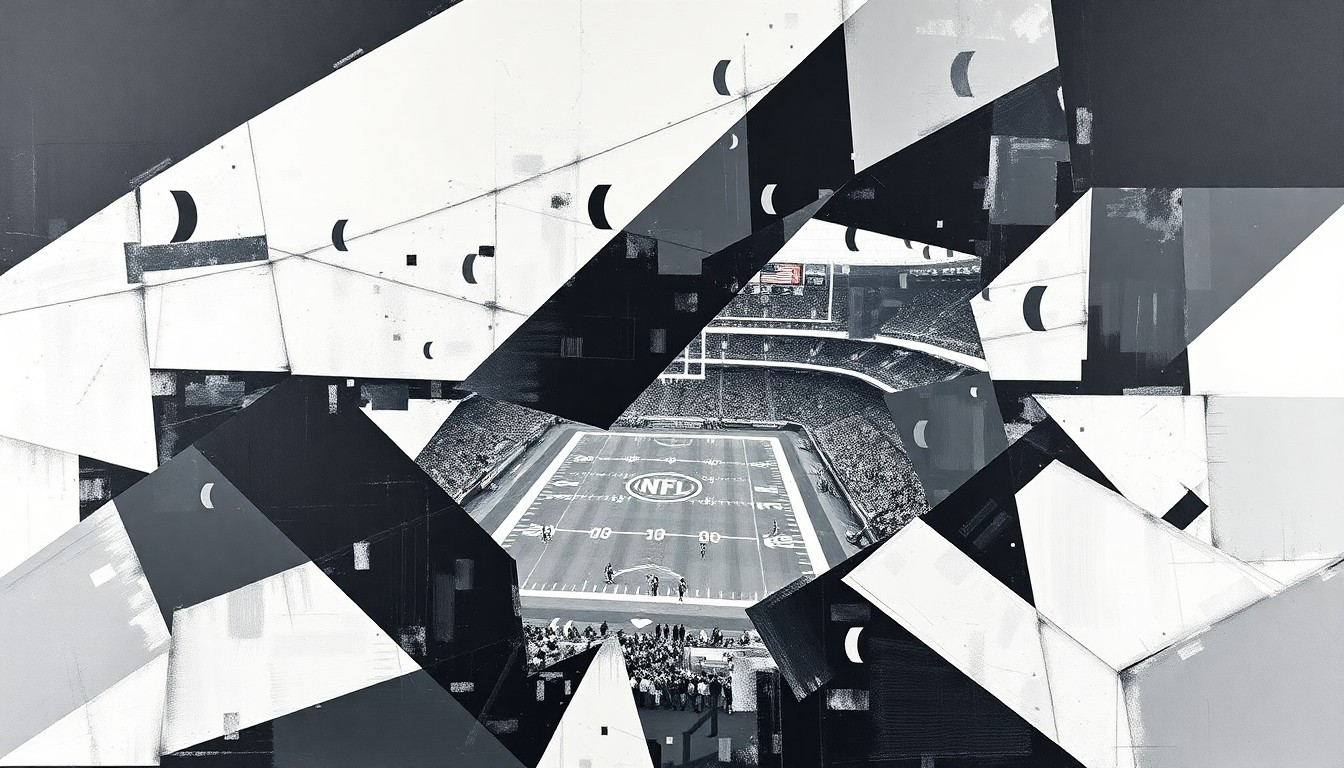 A fragmented, geometric painting depicting various elements of a football game or NFL Draft event, such as players, crowds, and stadium architecture, rendered in a cubist style using sharp, overlapping planes of black, white, and gray.