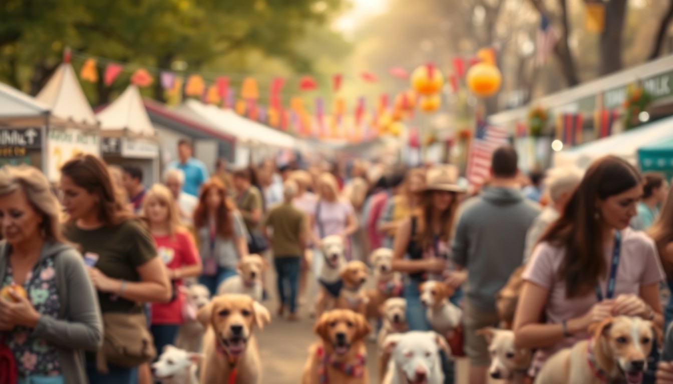 An abstract, out-of-focus photograph in soft, warm tones depicting a crowd of people and pets at an outdoor adoption event, with blurred vendor booths and colorful decorations in the background, conveying the joyful energy of the community coming together to save animal lives.