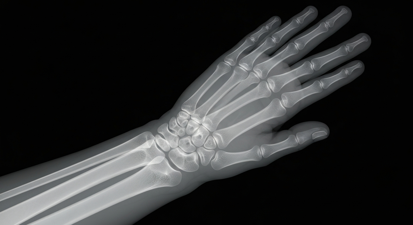 A ghostly, translucent X-ray image revealing the intricate bone and tendon structure of a human hand and wrist, conceptually representing the focus on occupational health and wellness.