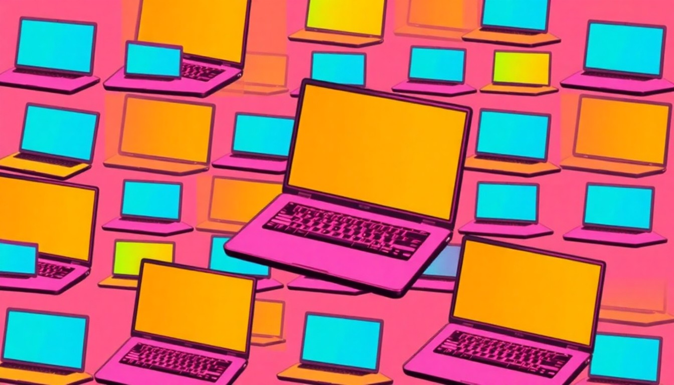 A brightly colored, high-contrast silkscreen print of a laptop computer repeated in a tight grid pattern, capturing the University of Pittsburgh's reputation for producing skilled tech talent.