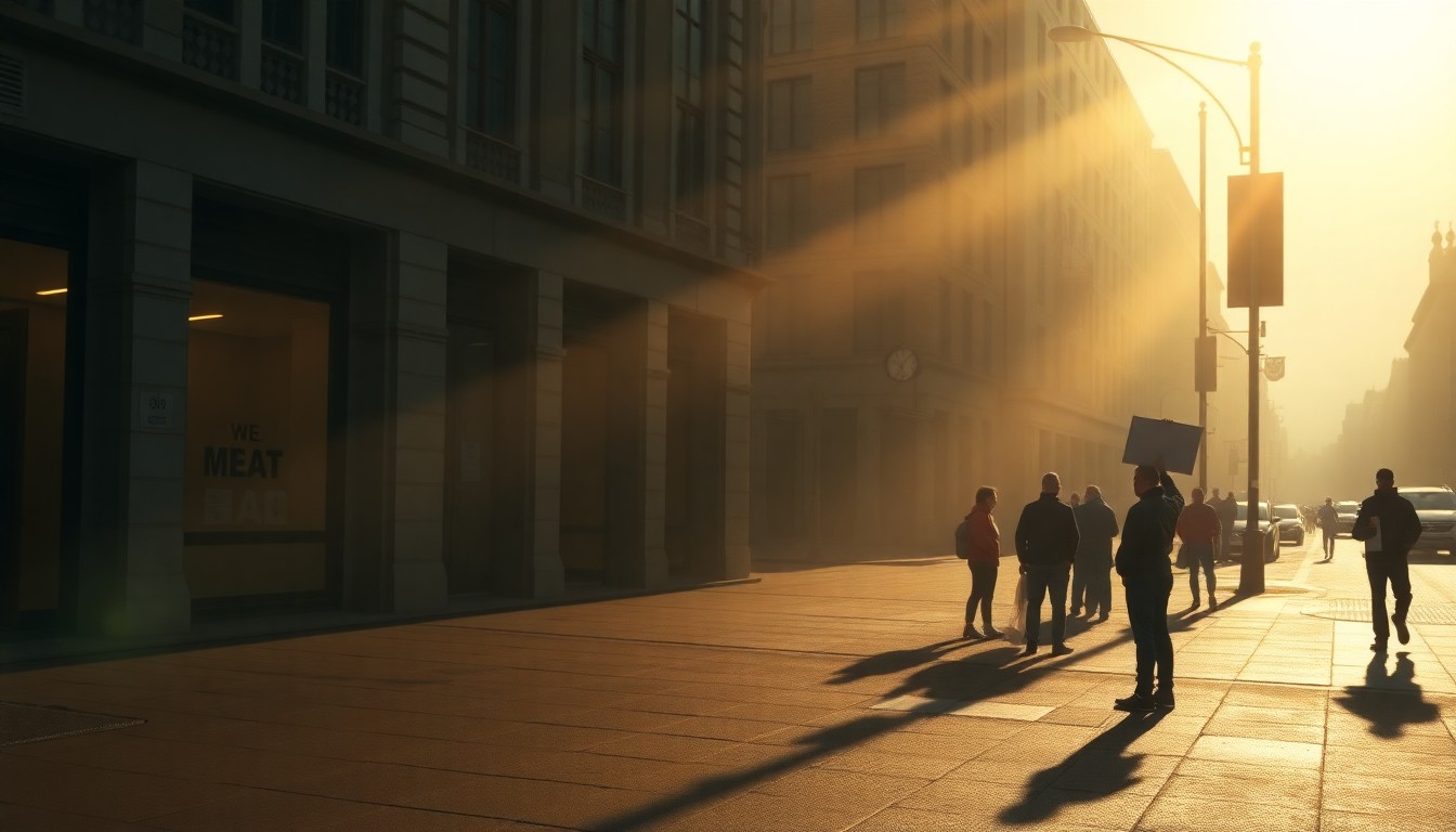 A cinematic painting depicting a solitary street scene of a political protest, with warm sunlight casting deep shadows across the urban landscape.