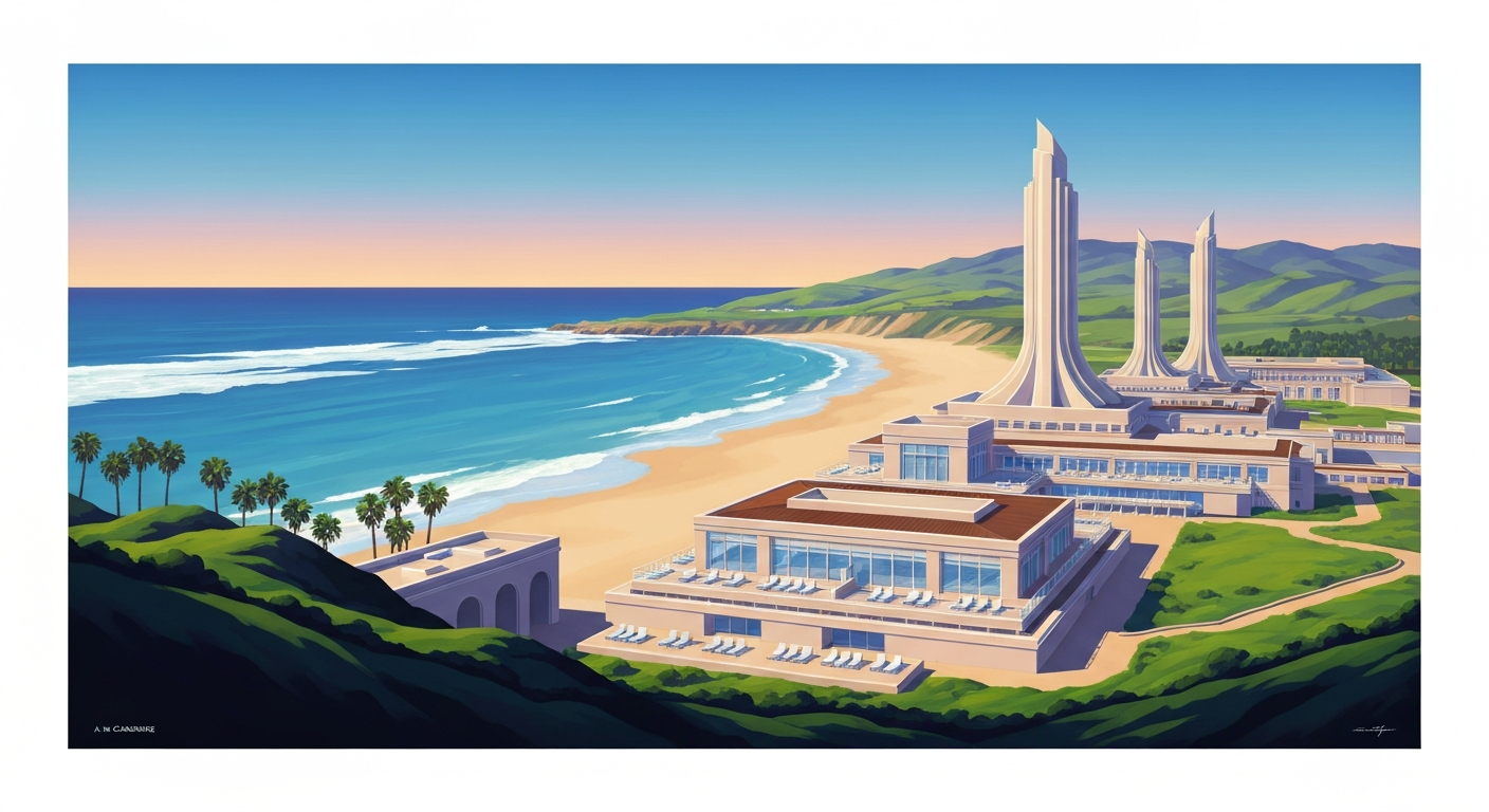 A bold, highly stylized illustration in the Art Deco Monumentalist style, featuring sweeping gradients of blues and greens, towering architectural forms, and a dramatic coastal landscape, capturing the essence of the new Pacific Point Resort in Pismo Beach without any literal depictions.