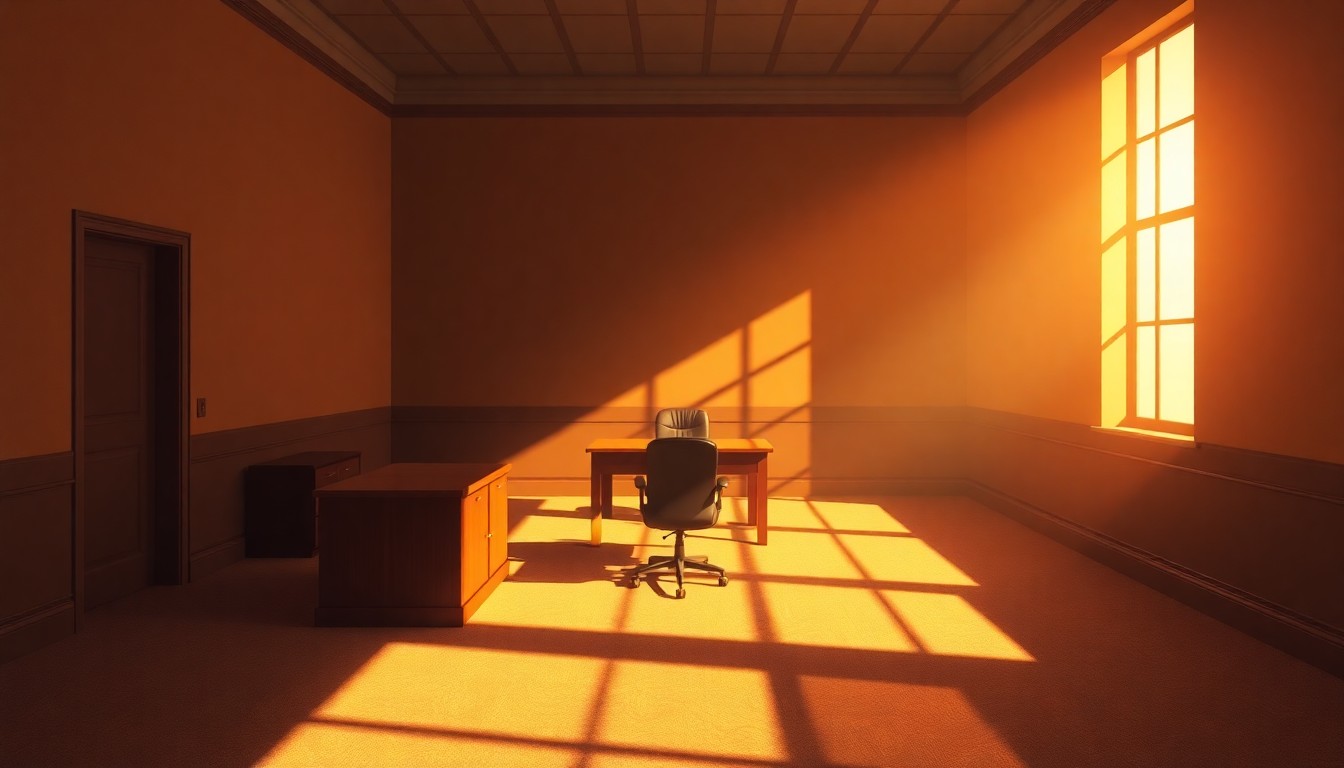 A dimly lit, cinematic painting of an empty government office space, with a lone desk and chair as the only visible objects. The warm, diagonal sunlight and deep shadows create a sense of solitude and contemplation, reflecting the changing priorities of the federal budget.