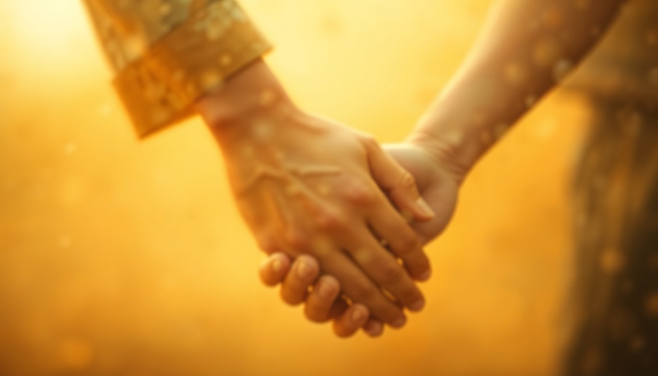 An extremely abstract, out-of-focus photograph depicting two hands clasped together in a gesture of support, surrounded by soft, blurred pools of warm, earthy colors, conveying a sense of compassion and moral purpose.