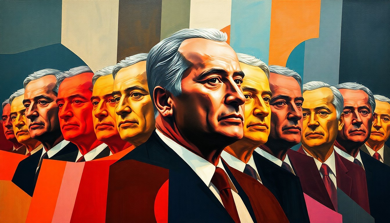 An abstract, fragmented painting featuring overlapping geometric shapes and lines in shades of blue, red, and yellow, conceptually representing the divisive nature of political commentary in the local news.