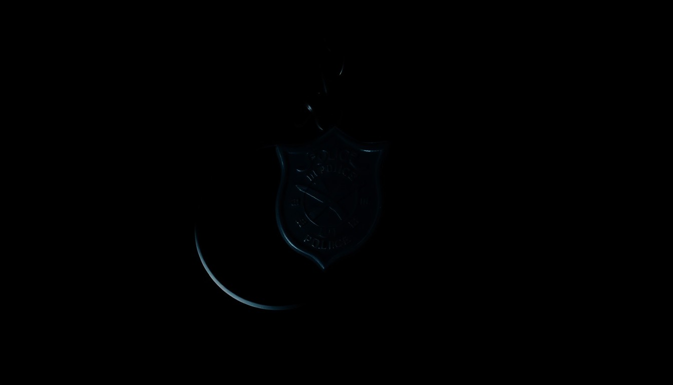 An extreme close-up photograph of a police badge or handcuffs against a pitch-black background, capturing the stark, gritty, and investigative nature of the story.