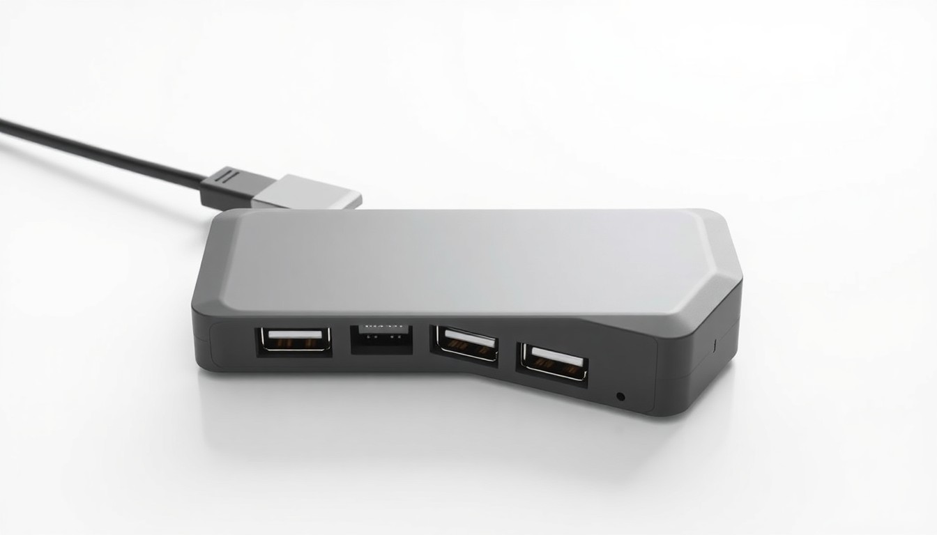 An extreme close-up of a sleek, matte black USB hub device with clean lines and subtle metallic accents, conceptually representing the simplicity and accessibility of the new free USB Network Gate software.