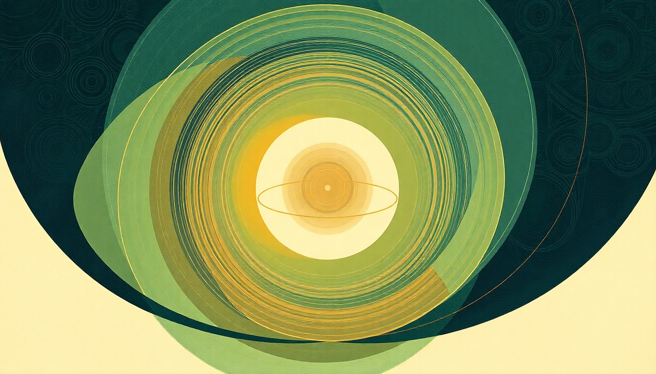 A highly textured, abstract painting in soft earth tones of green, brown, and blue, featuring sweeping geometric shapes and precise botanical spirals, conceptually representing the complex natural systems that sustain the upland sandpiper's specialized grassland environment.