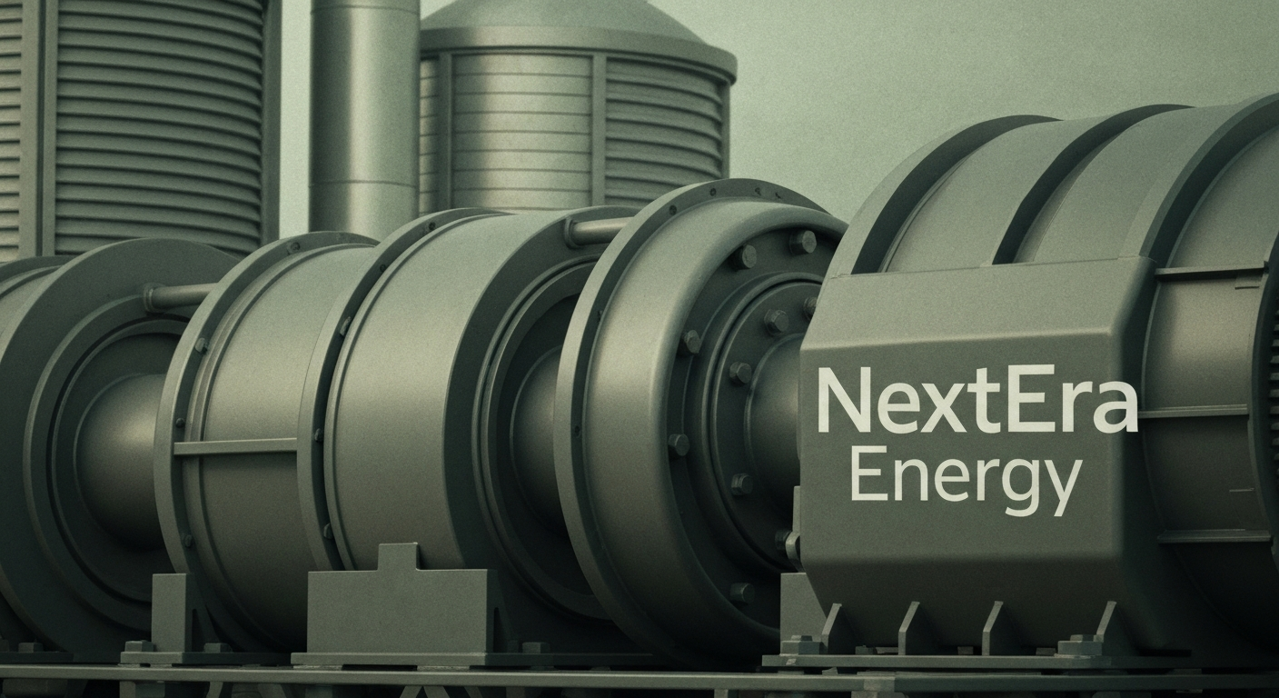 An extreme close-up of industrial power generation equipment and machinery in muted tones, conceptually representing NextEra Energy's role in the renewable energy infrastructure.
