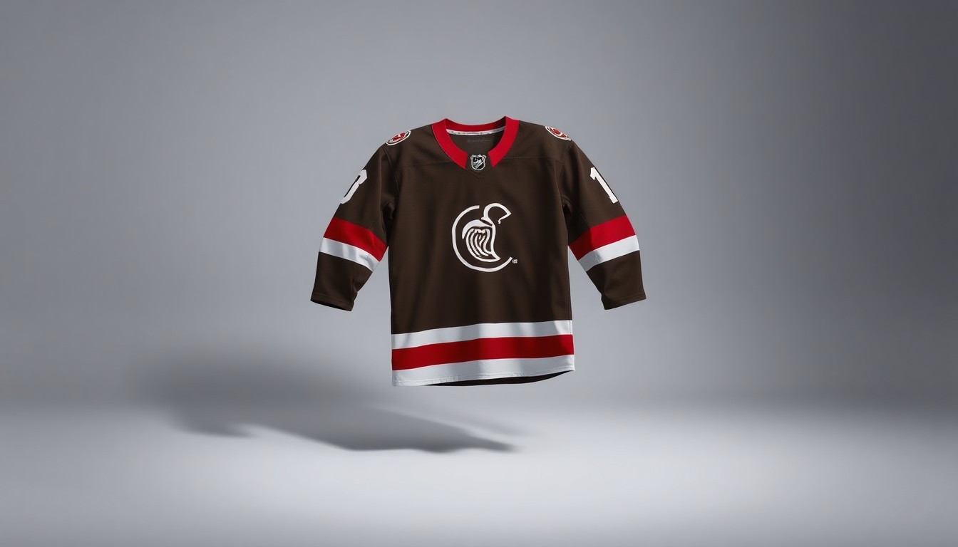 A photorealistic studio still-life image featuring a polished, geometric hockey jersey in Chipotle's signature colors floating on a clean, monochromatic background, using dramatic lighting and shadows to represent the exclusive, limited-edition nature of the product.