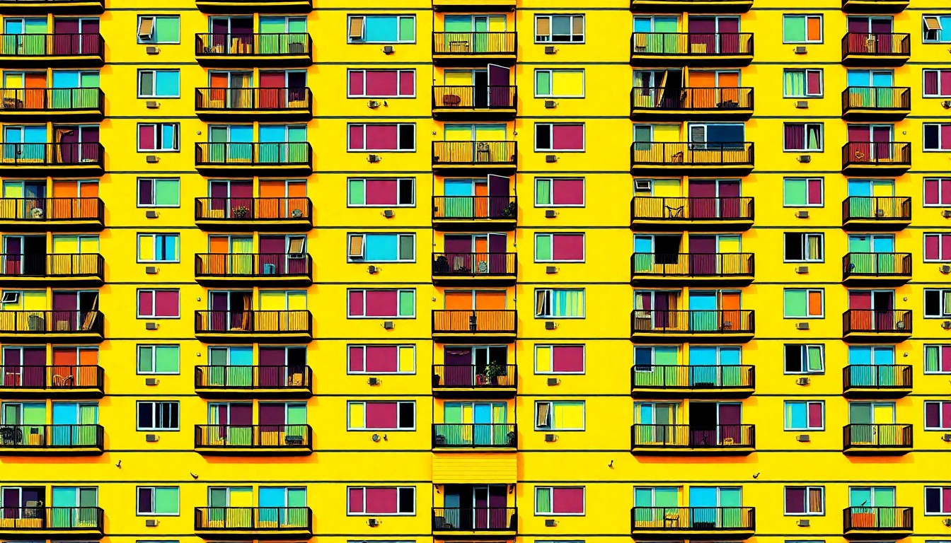 A brightly colored, high-contrast silkscreen print of a modern apartment building facade, repeated in a tight grid pattern, capturing the energy and appeal of urban living in Salt Lake City.