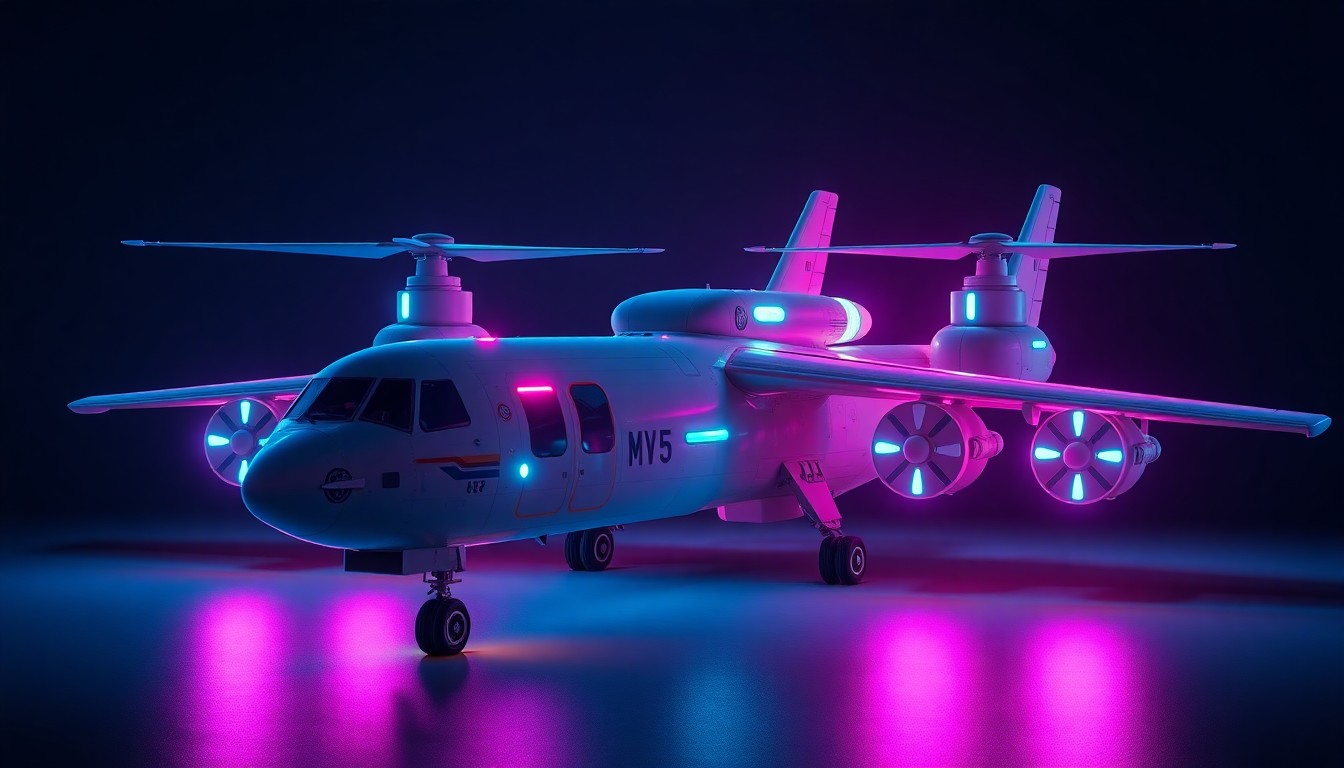 A highly detailed, glowing 3D illustration of a military aircraft with recognizable fuselage, rotor, and sensor elements illuminated by neon cyan and magenta lights, conveying a sense of advanced, high-tech military power and innovation.