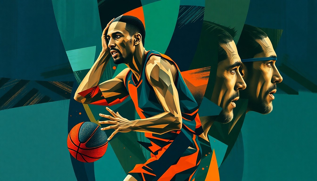 A cubist-style painting featuring fragmented, geometric shapes in navy, green, and orange hues, conceptually representing the challenges a basketball player faces when transitioning to a new team and system.