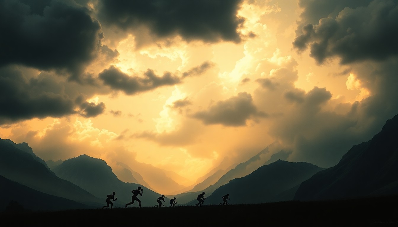 A vast, atmospheric landscape painting depicting a stormy sky with dark, ominous clouds looming over the silhouettes of athletes competing in a triathlon event, conveying the overwhelming scale and power of nature.