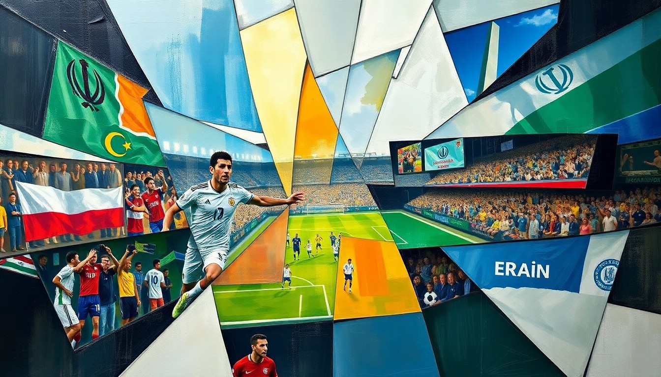 A cubist, geometric painting depicting the action of a football match, with players and the ball fragmented into overlapping planes of color and shape.