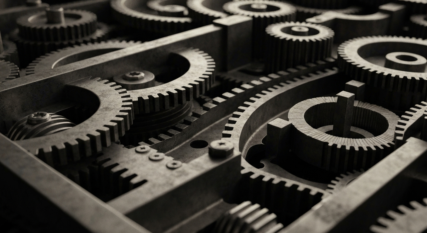 An extreme close-up of a complex array of interlocking gears and industrial components, conveying the robust, secure nature of financial institutions.