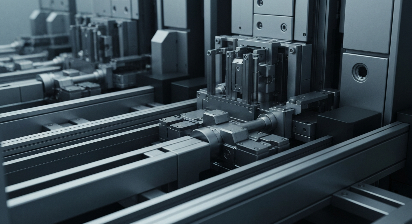 An extreme close-up of complex, interlocking metal components and mechanisms of semiconductor manufacturing equipment, conveying the industrial might and technical sophistication of Lam Research's products.