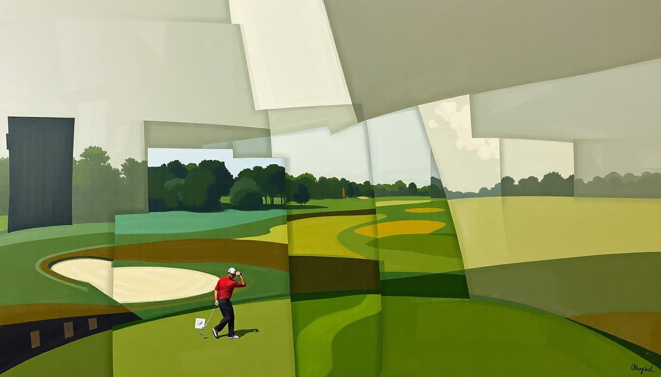 A fragmented, geometric painting depicting a golf course scene with overlapping planes of muted green, brown, and gray tones, conceptually representing the legal complexities surrounding Tiger Woods' prescription drug records.