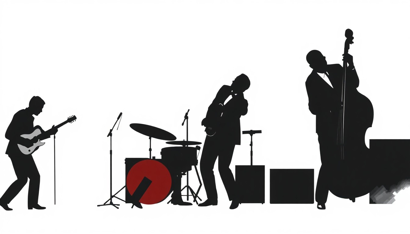 An abstract, minimalist illustration featuring bold black shapes and geometric forms in shades of red, white, and black, conveying the dynamic energy of a jazz performance.