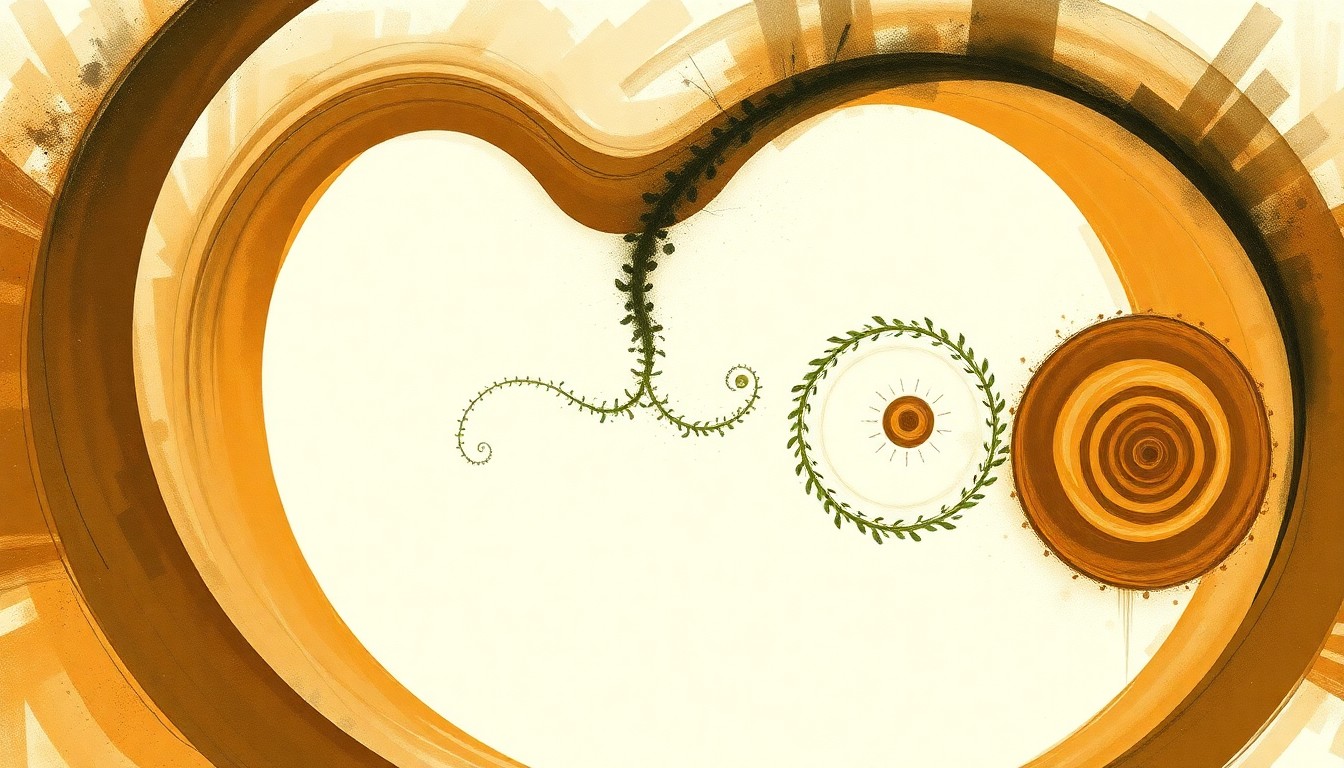 A highly textured abstract painting in earthy tones, featuring sweeping geometric shapes and botanical spirals, conceptually representing the complex forces at play in a ruptured carbon dioxide pipeline.