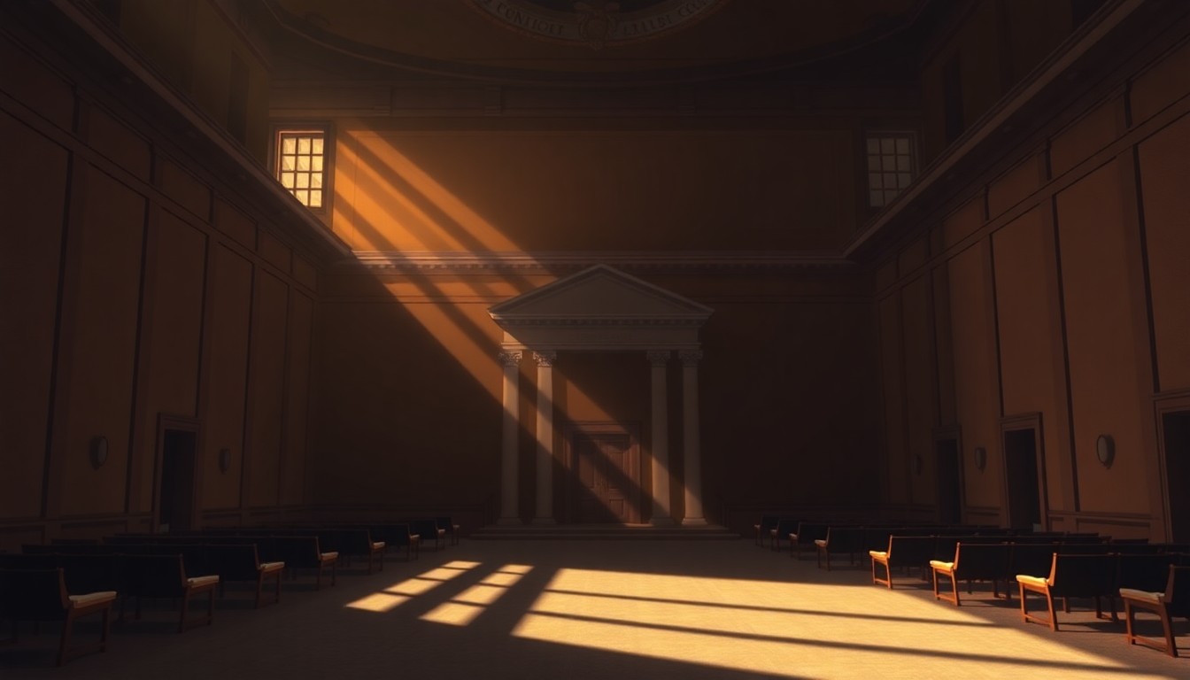 A serene, photorealistic painting of an empty government building or legislative chamber, with warm sunlight streaming through the windows and deep shadows cast across the interior. The scene has a contemplative, nostalgic mood, capturing the quiet importance of local politics.
