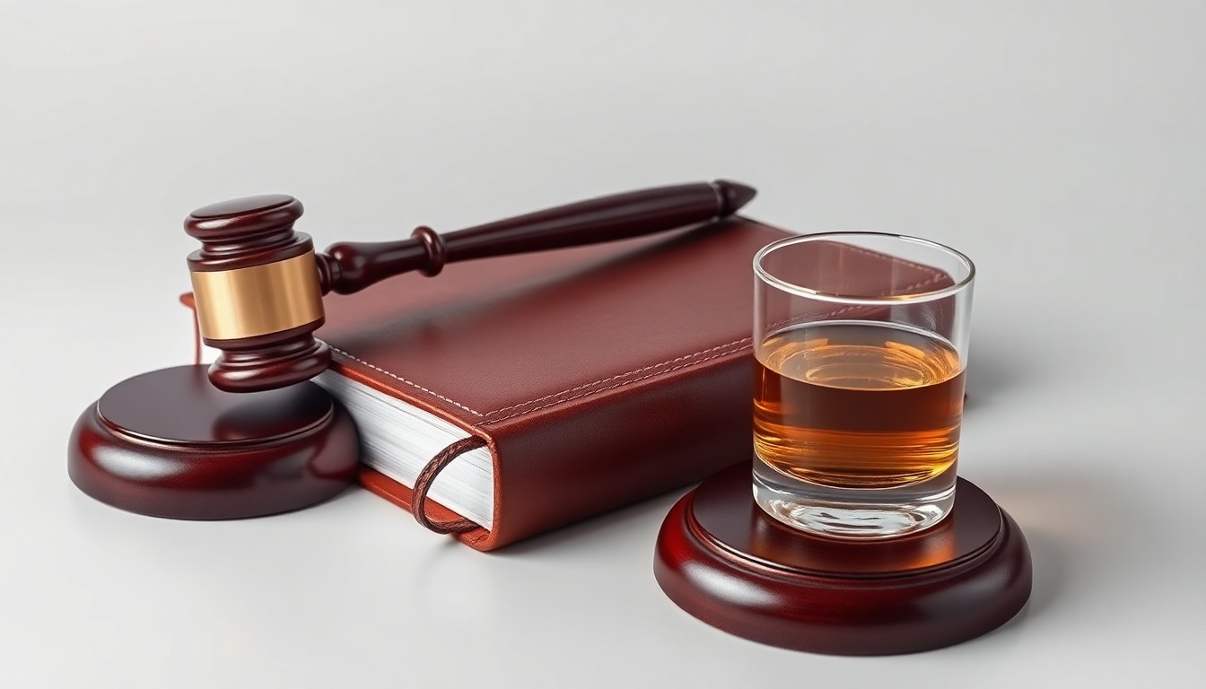 A photorealistic studio still life featuring a polished metal gavel, a leather-bound law book, and a glass of whiskey, conceptually representing the legal profession and corporate transactions.