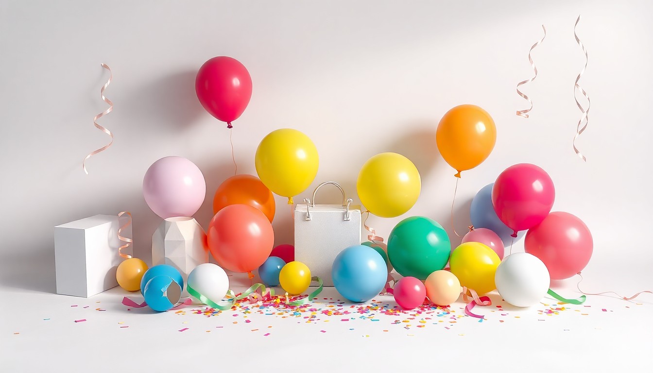 A meticulously arranged display of premium celebration-themed objects like colorful balloons, party streamers, and confetti, captured in a high-end, photorealistic studio still-life photograph with dramatic lighting and shadows, conceptually representing the vibrant celebration industry and accessible entrepreneurship.