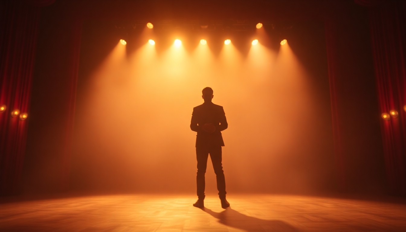 A blurred, atmospheric photograph showing the silhouette of a performer on a dimly lit stage, capturing the emotional energy of a theater performance.