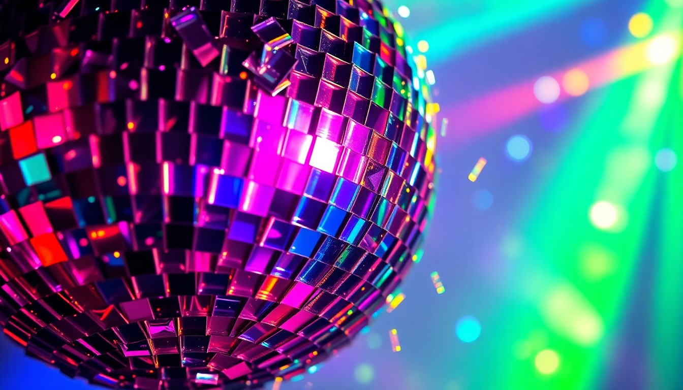 An extreme close-up photograph of shimmering, multicolored disco ball fragments reflecting light, creating a glamorous, high-energy visual metaphor for the spirit of Miami Music Week.