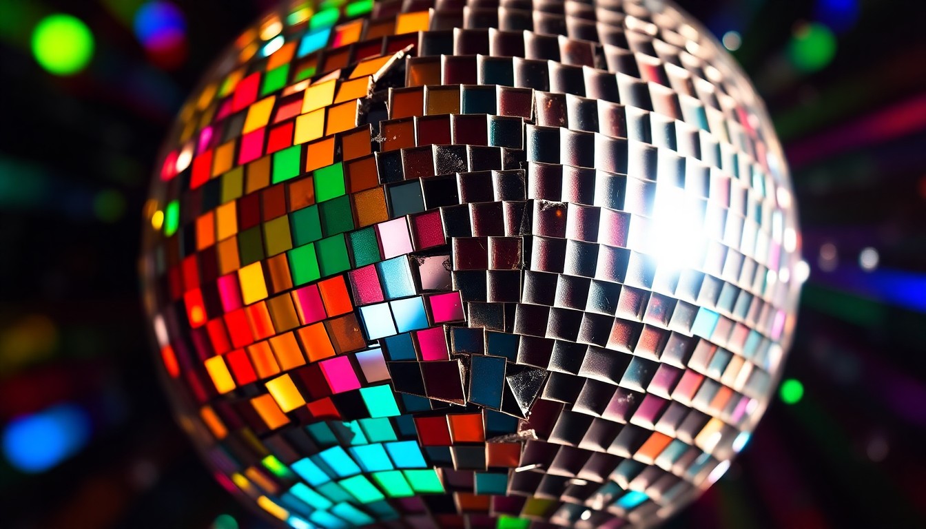 An abstract close-up photograph of a shattered disco ball reflecting a vibrant array of colorful light, conveying the energy and cultural significance of Wu-Tang Clan's Rock & Roll Hall of Fame induction.