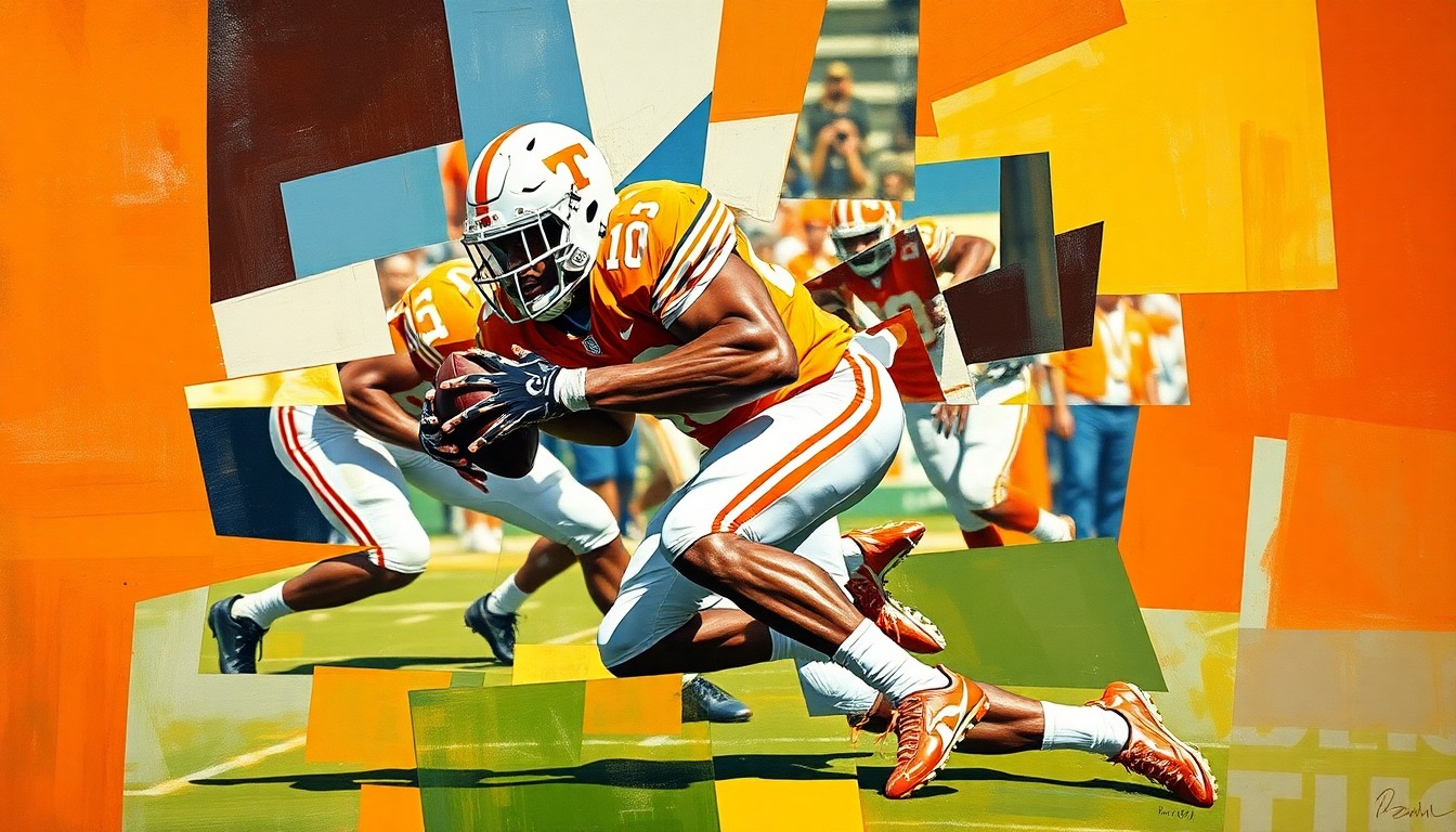 A cubist-style painting depicting a Tennessee football linebacker in motion, with the player's body broken down into sharp, overlapping geometric shapes and planes of color, conveying the intensity and dynamism of the sport.