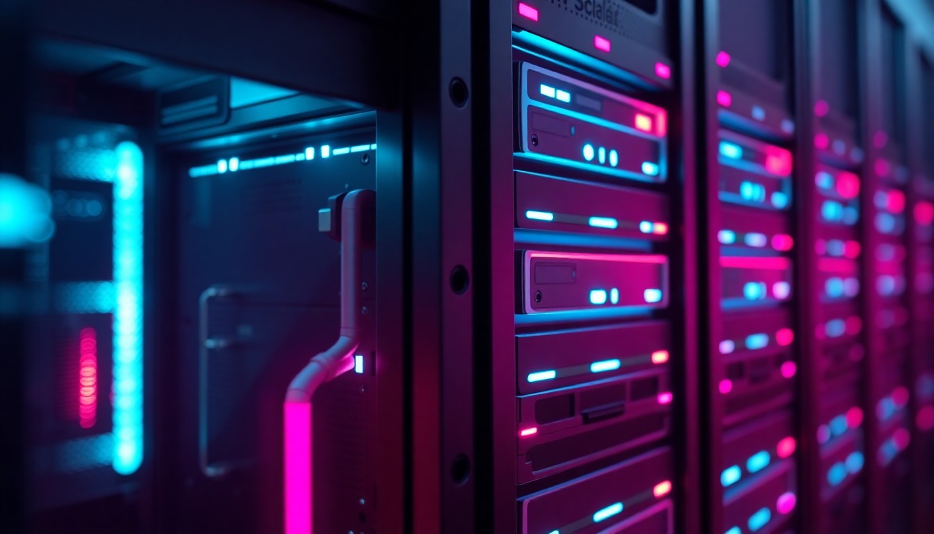 A highly detailed, glowing 3D illustration of the internal components of a Quantum Scalar i7 tape library, with neon cyan and magenta lights illuminating the hardware, conceptually representing Quantum's resilient storage solutions for the AI era.