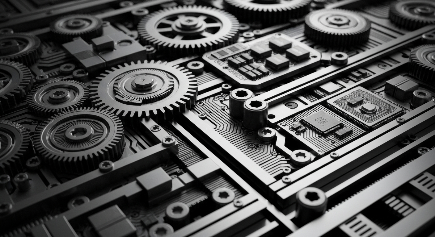 An extreme close-up of the intricate, interconnected components that make up the internal infrastructure of a financial institution, conveying a sense of power, security, and the complex machinery underlying the modern economy.