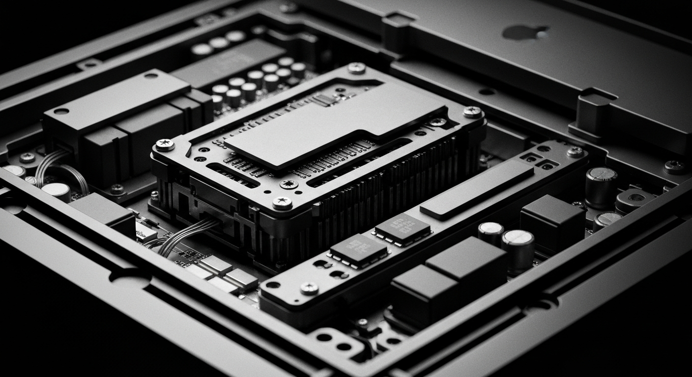 An extreme close-up of the intricate circuitry and components inside an Apple device, rendered in a high-contrast, industrial style that conveys the complex technology powering the company's products.