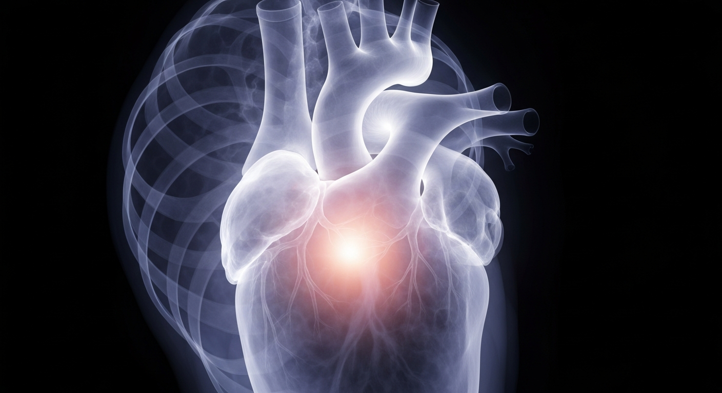 A translucent, ghostly X-ray image revealing the abstract, glowing structure of a human heart, conceptually representing the internal biological mechanisms that may link marital status to cancer risk.