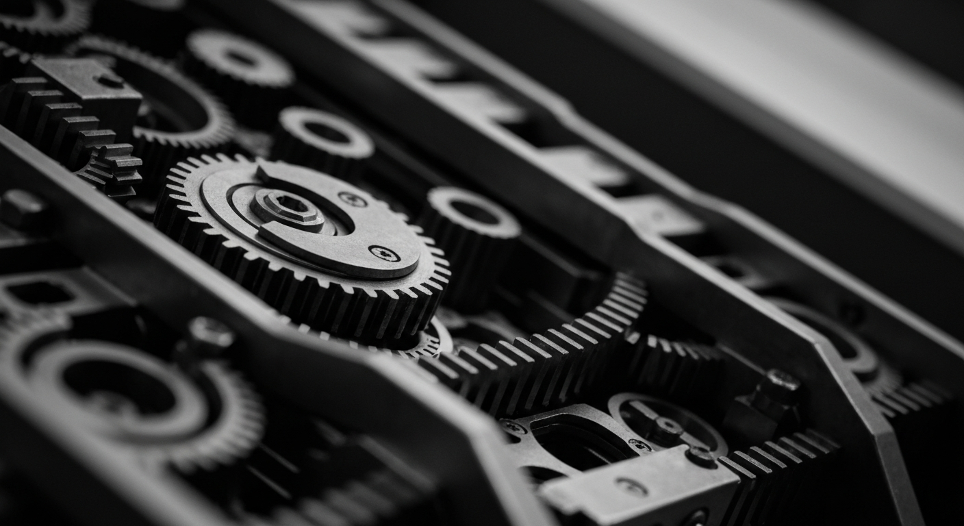 A high-contrast black and white close-up image of the gears, circuits, and mechanical components of a large financial data processing system, conveying the heavy, industrial nature of the technology that underpins the modern finance industry.