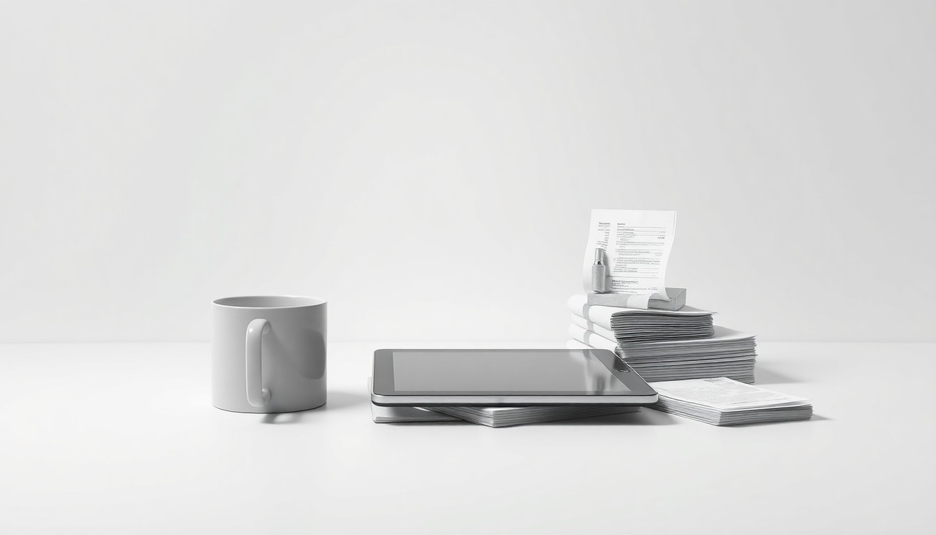 A minimalist, high-contrast studio photograph featuring a carefully arranged composition of premium business objects like a tablet, coffee mug, and stack of receipts, conceptually representing the abstract concepts of corporate strategy, finance, and market performance.