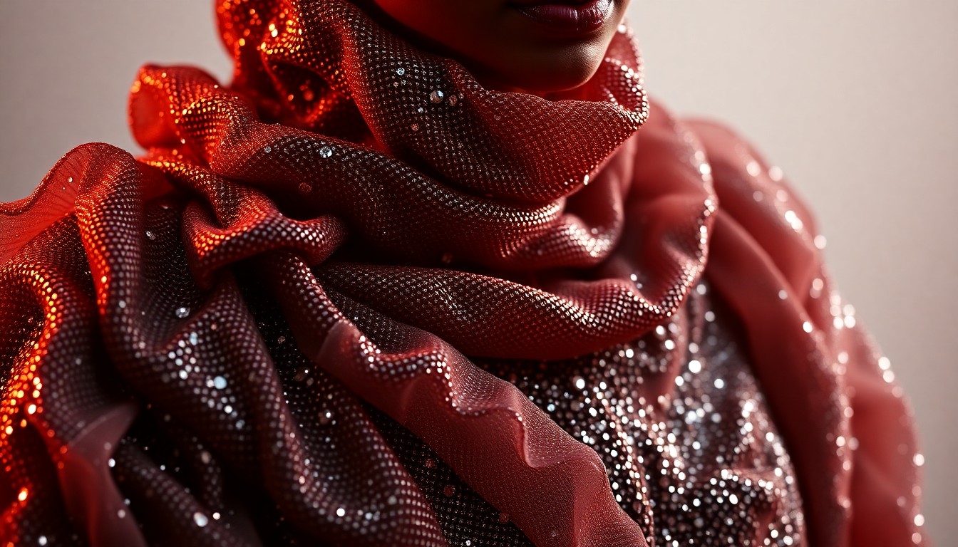 An extreme close-up photograph showcasing the intricate, layered texture of Zendaya's Schiaparelli ensemble, with dramatic shadows and highlights creating a glamorous, high-fashion aesthetic.
