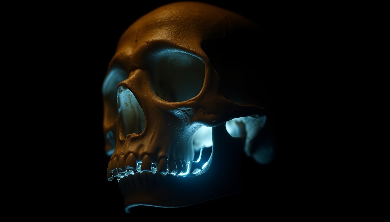 An extreme close-up photograph of a human skull fragment reflecting a harsh, direct camera flash, conveying a stark, gritty, investigative mood about a lawsuit over missing evidence.